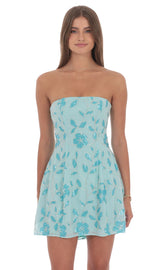 Sequin Beaded Flare Strapless Dress in Blue