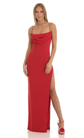 High Slit Cowl Neck Maxi Dress in Red