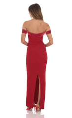 Tulle Off Shoulder Sleeve Maxi Dress in Red