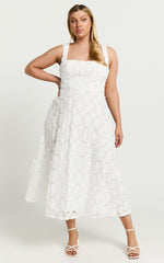 Clarissa Midi Dress - Square Neck Open Back A Line Dress in White