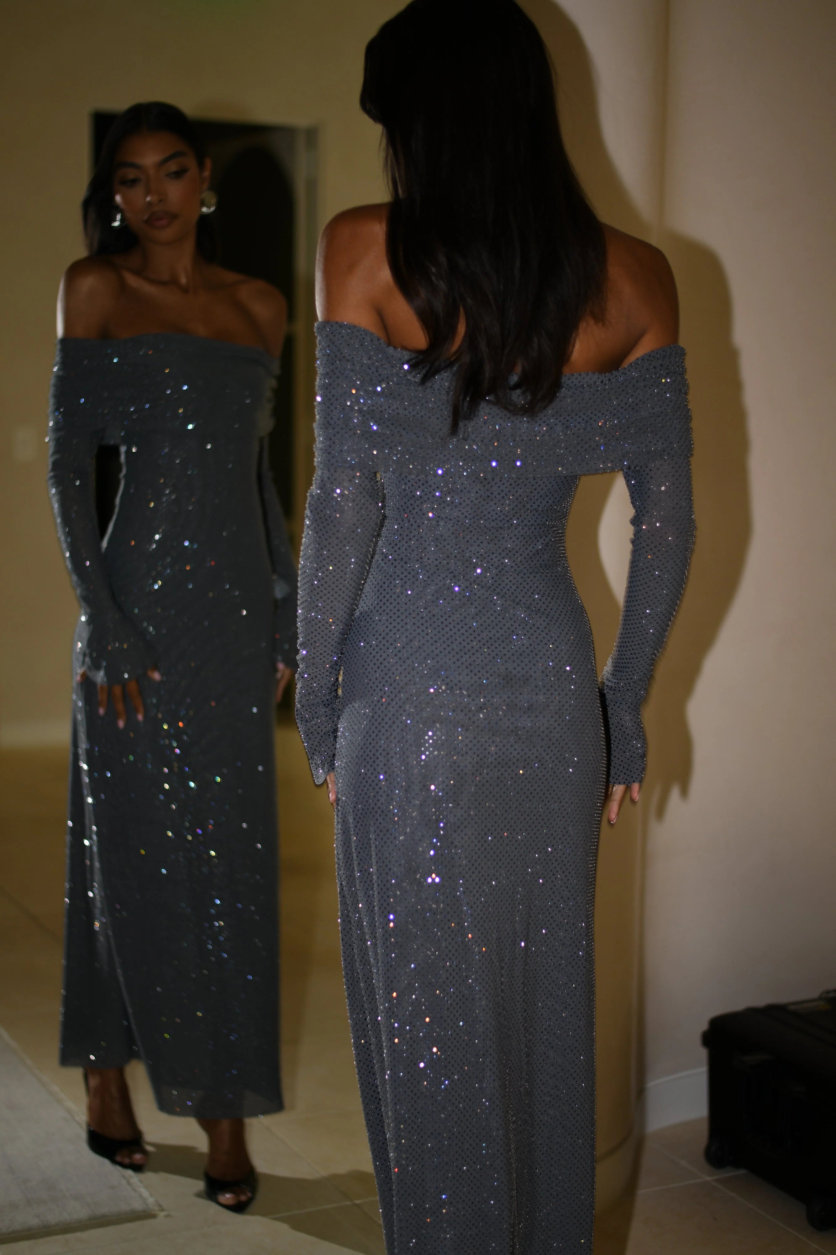 Marcel Off Shoulder Diamante Maxi Dress - Gunmetal/Chocolate