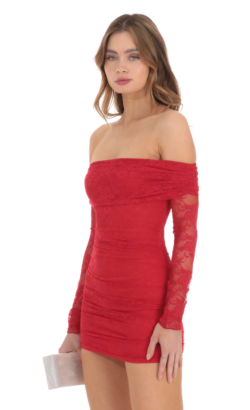 Off Shoulder Long Sleeve Lace Dress in Red