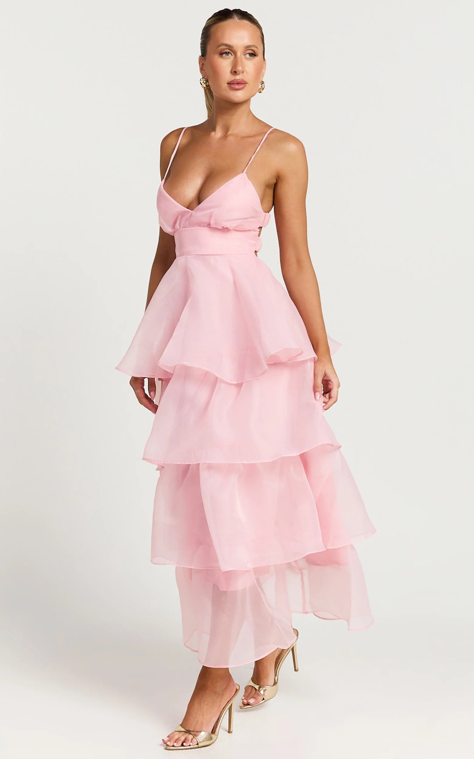 Cindy Midi Dress Layered Skirt Dress in Soft Pink