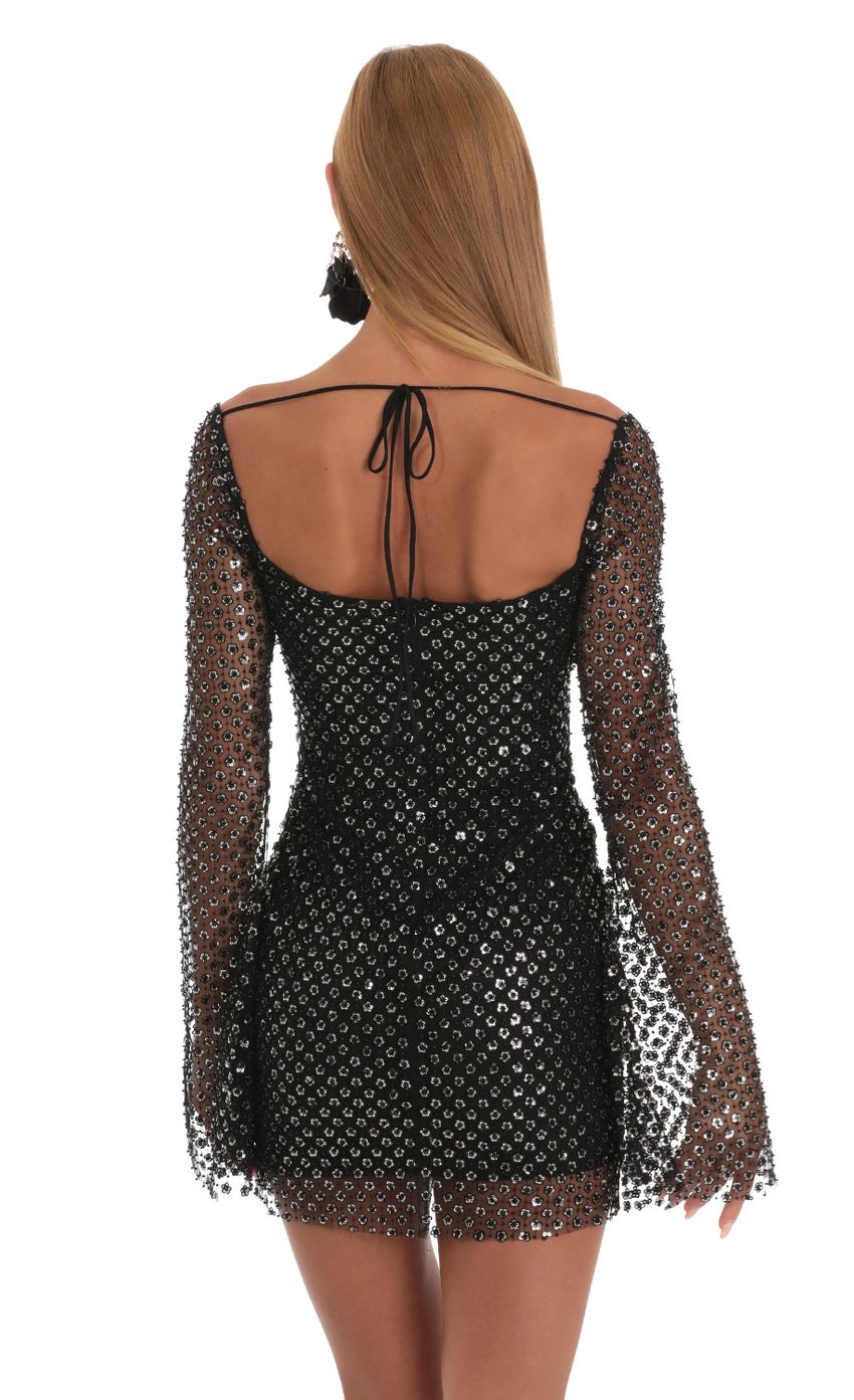 Sequin Floral Bell Sleeve Dress in Black