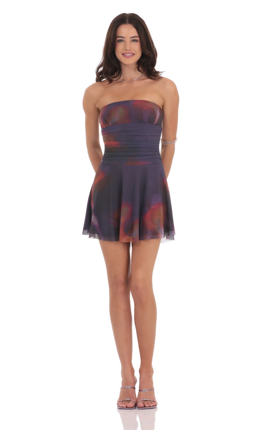 Mesh Print Fit and Flare Dress in Purple