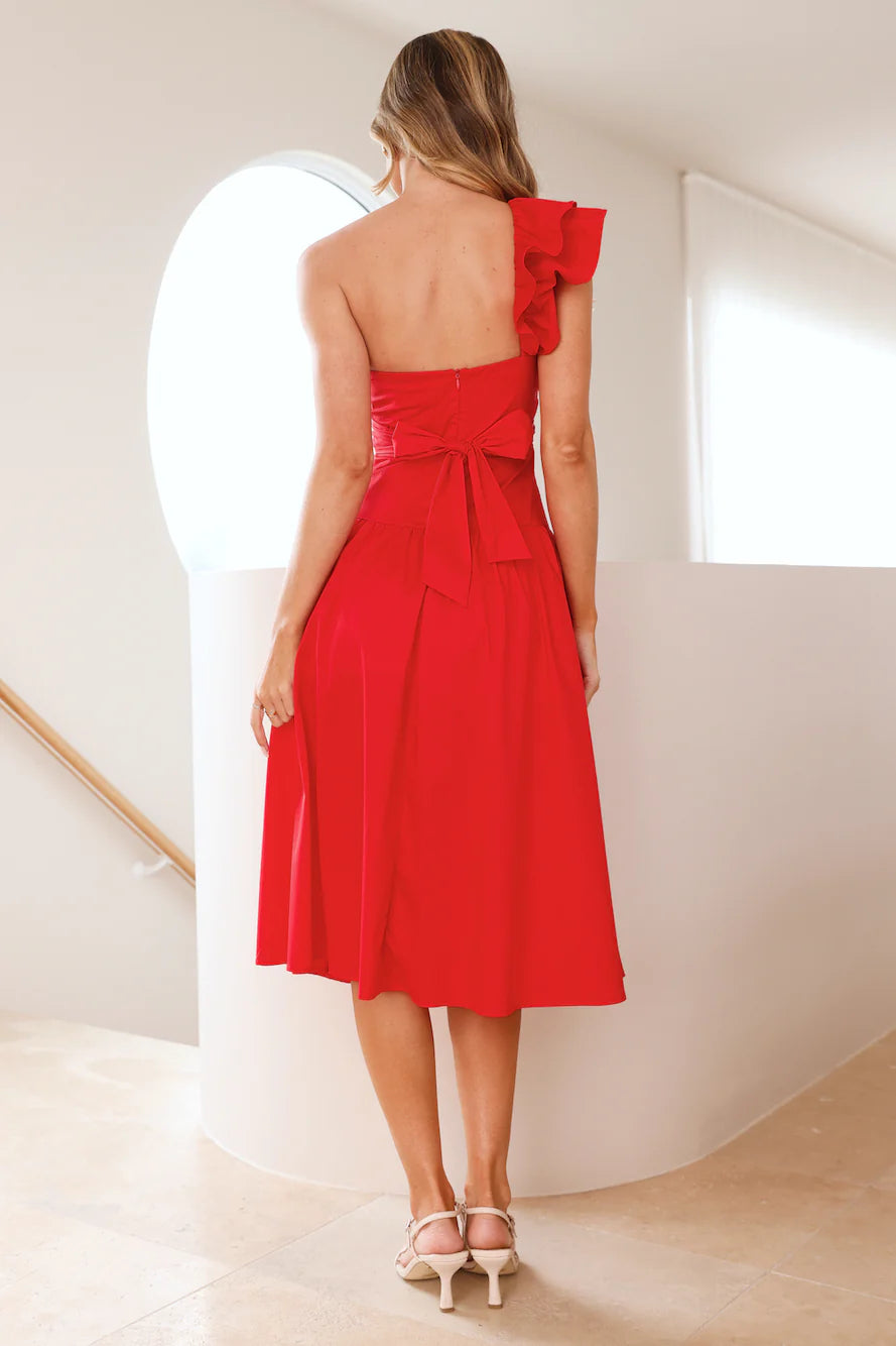 Vibrant Rendezvous One Shoulder Midi Dress Red