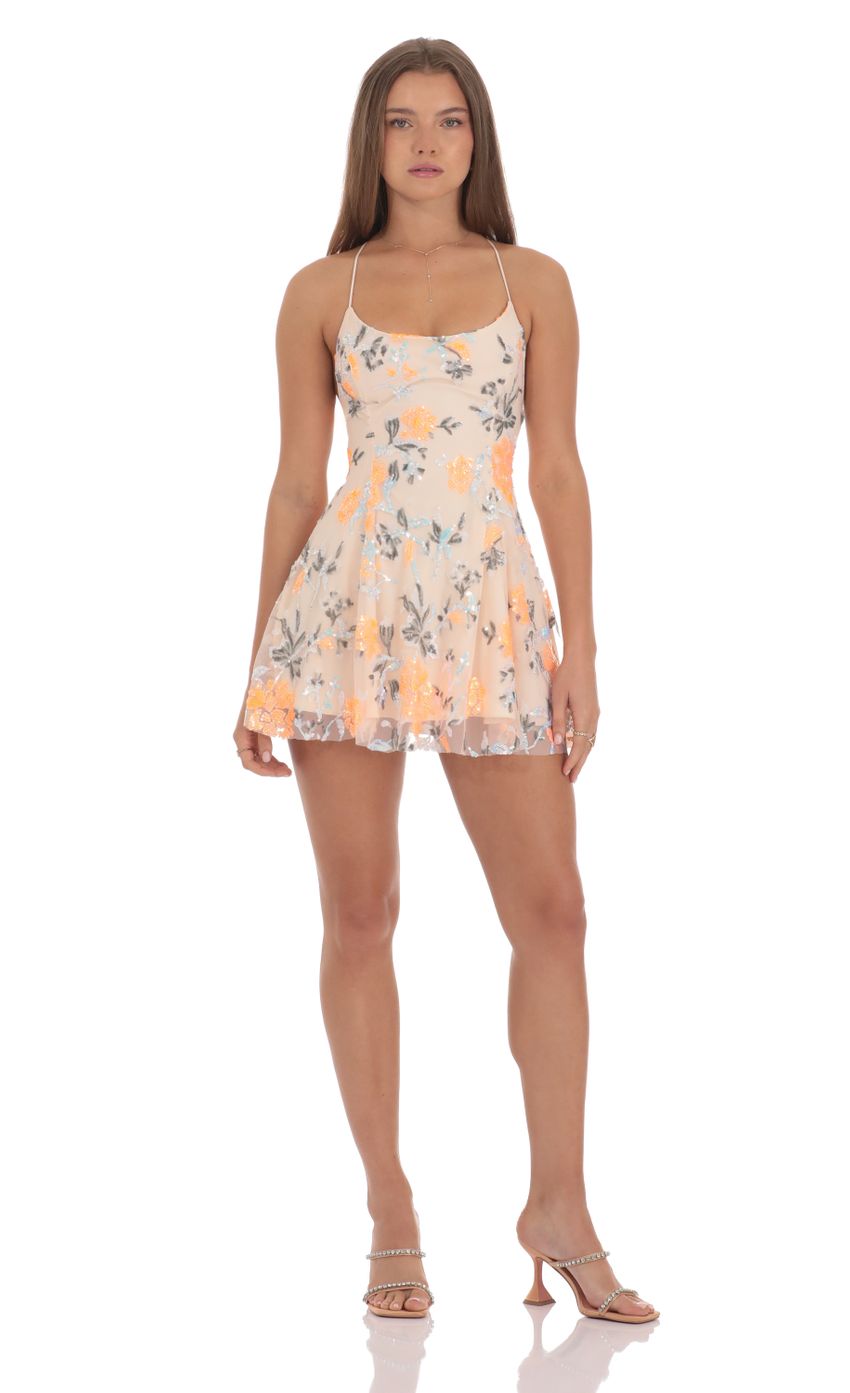 Sequin Floral Mini Dress in Cream