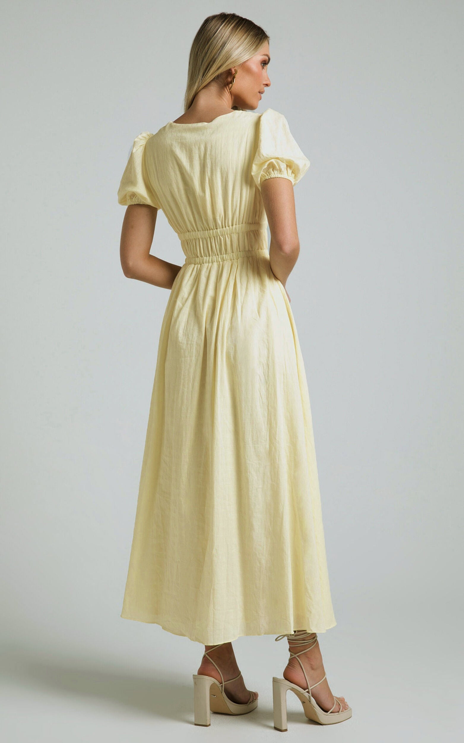 Portofino Midi Dress - V Neck Puff Sleeve Dress in Yellow