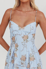 Get My Attention Pleat Waist Maxi Dress Bow Blue